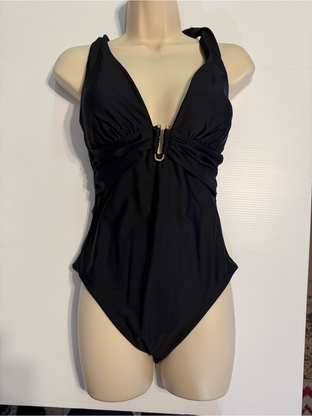 Shade & Shore Long Torso U-Wire Halter Plunge Full Coverage Swimsuit Black